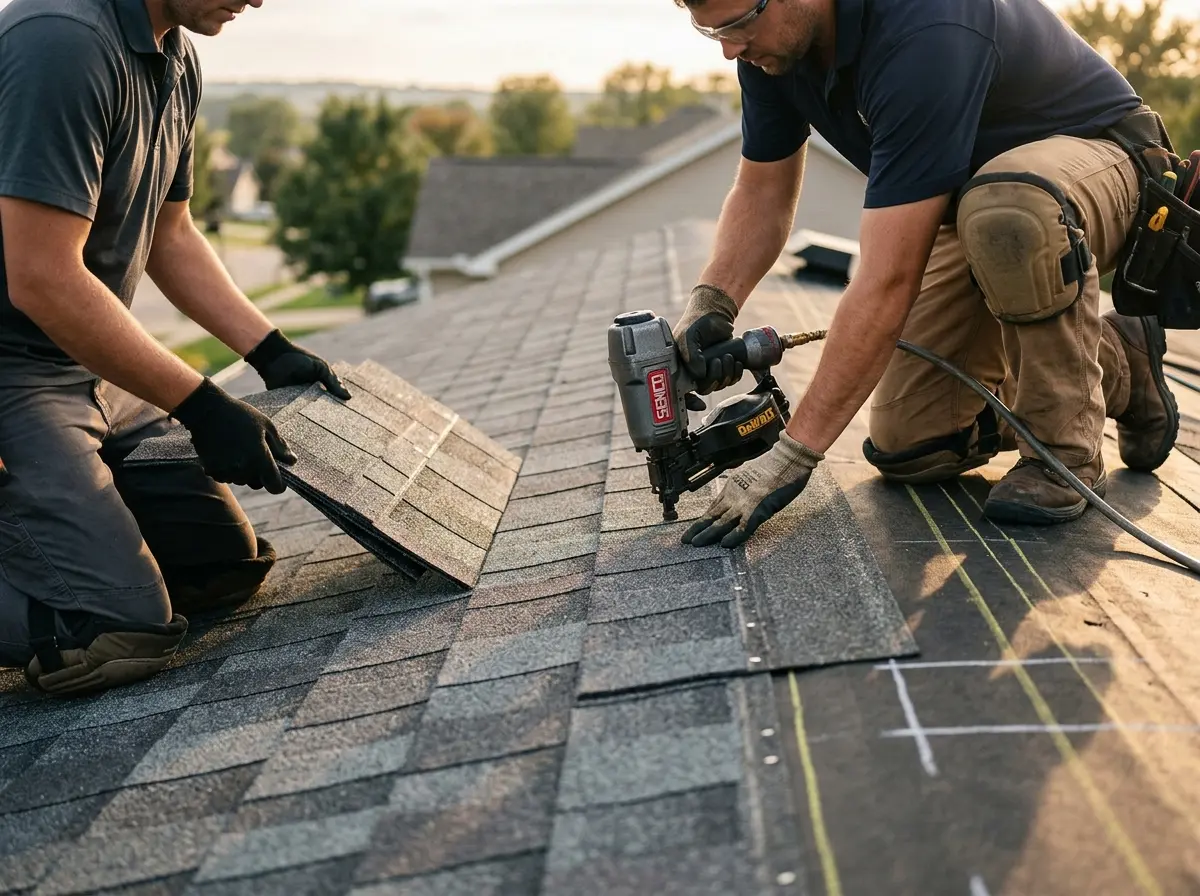 Professional roofer working on a residential roof in Floris